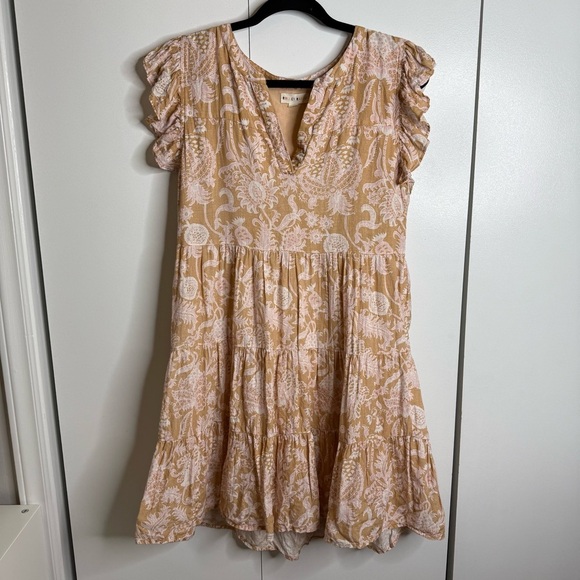 Roller Rabbit Dresses & Skirts - Roller Rabbit - Tan & Pink Floral Paisley Ruffle Mini Linen Dress - Medium